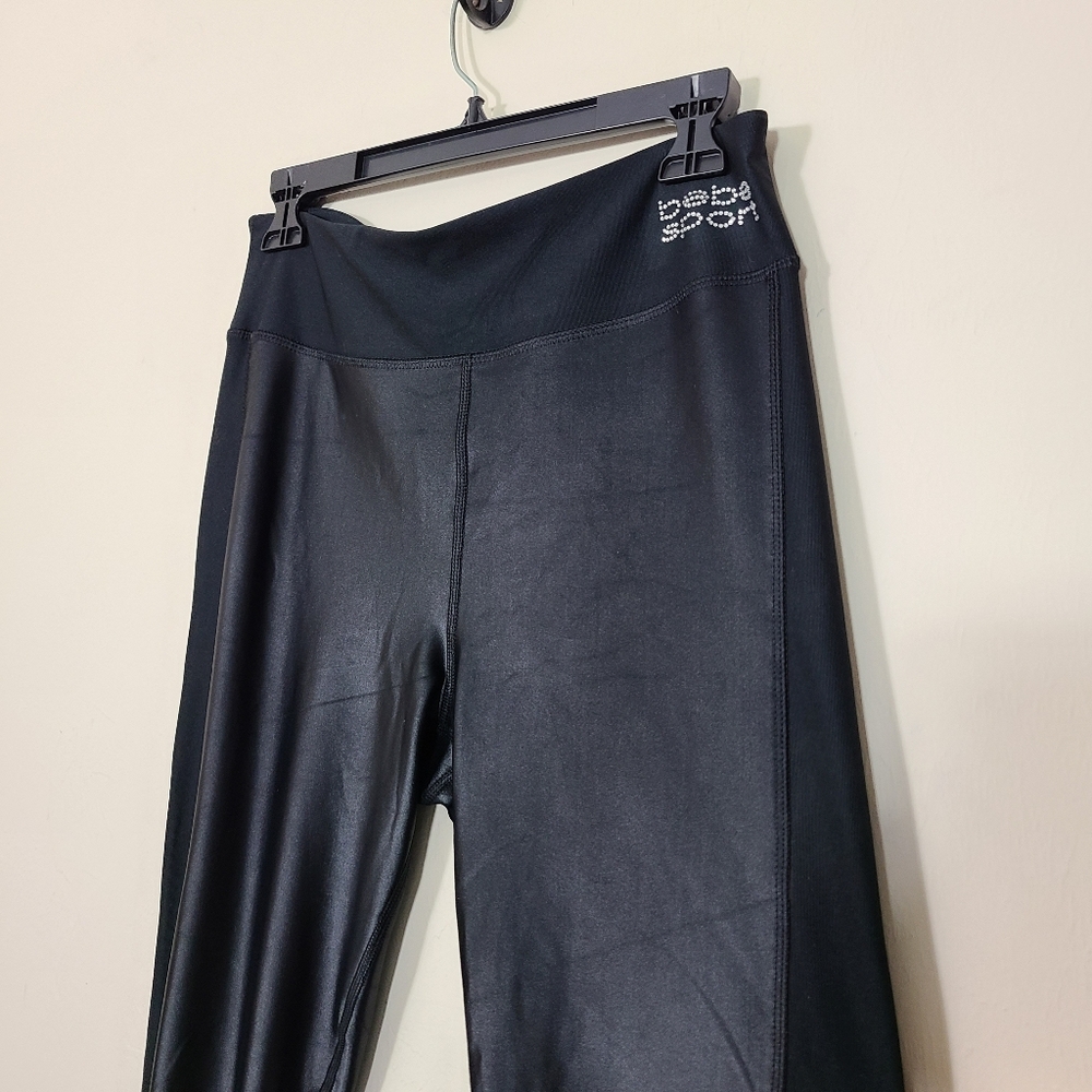 Bebe Sport Black Faux Leather Leggings Womens L Rhinestone‎ Logo Rockstar Glam - Picture 2 of 8